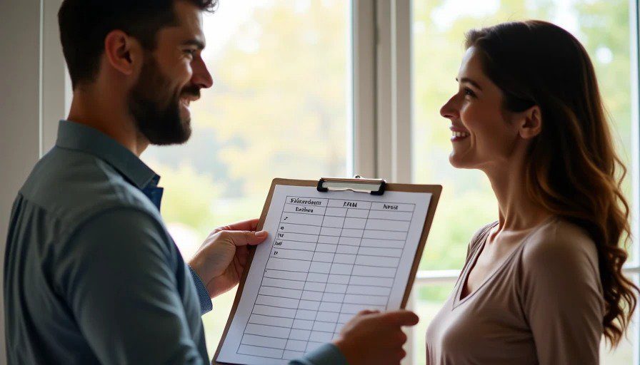 Realistic photo of a contractor receiving a simple printed schedule template from a homeowner. The homeowner holds out a clipboard with a blank weekly grid – days of the week with spaces for “AM,” “PM,” and “Notes.” 