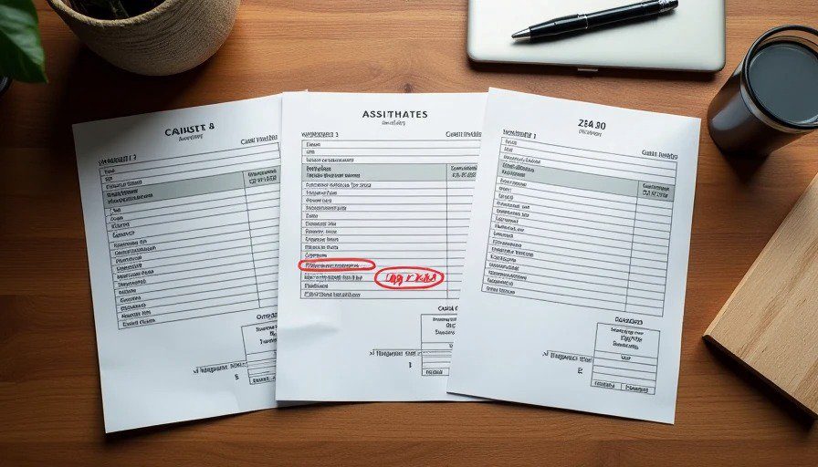 Flat‑lay of three cabinet quotes – Shop A (8‑10 weeks), Shop B (14‑16 weeks), Shop C (4 weeks RTA) – red pen circling 14‑16 Clean realistic flat‑lay on a wooden desk. Three printed cabinet quotes side by side. Quote A: “Shop A – 8‑10 weeks – semi‑custom – limited wood options.” Quote B: “Shop B – 14‑16 weeks – fully bespoke – beautiful work – GC’s preference.” Quote C: “Shop C – 4 weeks – RTA – assemble yourself.”