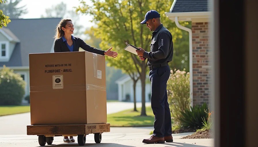 Delivery driver handing clipboard to relieved homeowner – large box labeled 67″ tub on dolly – arrived at 10:30 a.m. Realistic photo of a residential driveway on a Friday morning. A large cardboard box labeled “67″ Freestanding Tub – Fragile” sits on a dolly. A delivery driver hands a clipboard to a relieved homeowner. The homeowner checks a phone – 10:30 a.m.