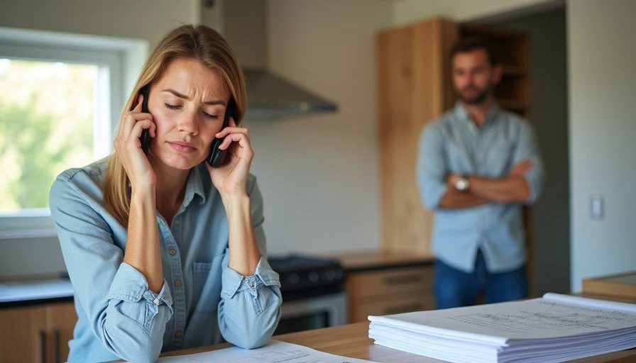 Homeowner in kitchen holding phone with plumber’s caller ID – “Now I’m the go‑between” – GC in background not intervening Realistic photo of a homeowner in an unfinished kitchen, holding a phone with a confused expression. A plumber’s name is on the caller ID. A label reads “Plumber called me – not the GC – now I’m the go‑between.”