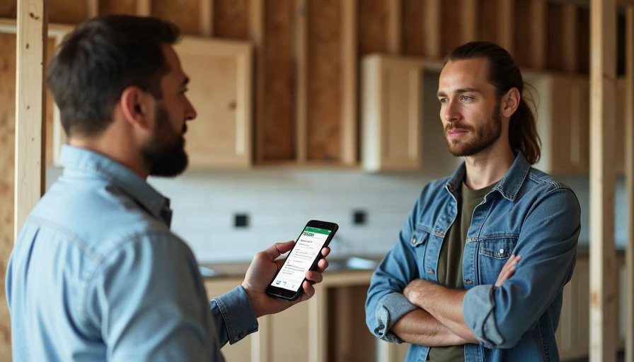 : Homeowner and GC standing in gutted kitchen, homeowner holding smartphone with template, having respectful conversation Realistic photo of a renovation site. A homeowner and a general contractor stand in a gutted kitchen, facing each other. The homeowner has a calm, respectful expression, holding a smartphone with a Google Sheets template visible.