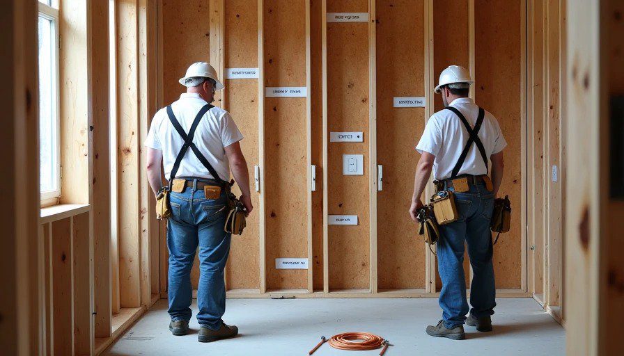 Realistic photo of a gutted bathroom with exposed studs and subfloor. A plumber and electrician stand side by side, marking locations on the framing with pencils. Labels on studs read “Shower valve,” “Vanity light,” “GFCI outlet,” “Exhaust fan.” Romex and copper pipe sit on the floor. Soft construction lighting. 
