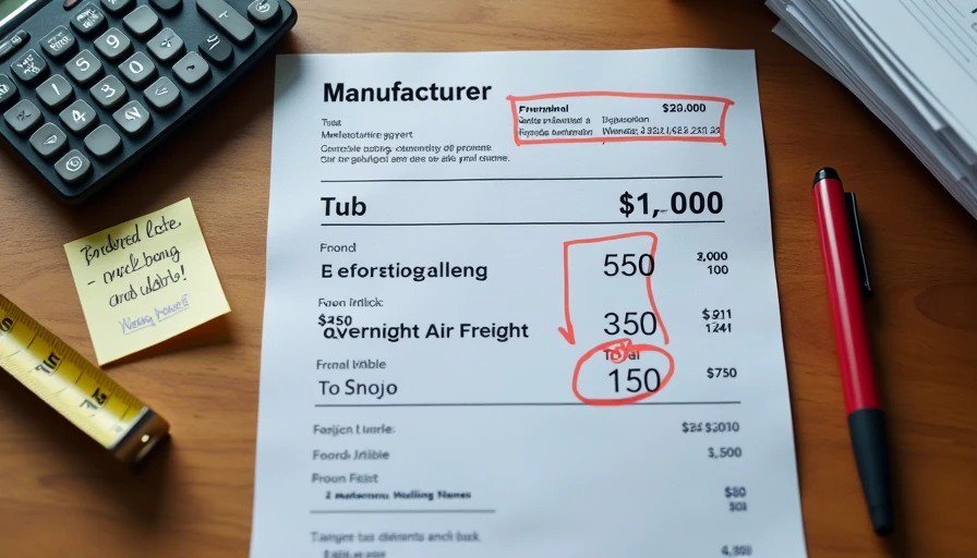 Printed quote showing tub $1,200 + priority processing $450 + overnight freight $350 = $2,000 – paid double Clean realistic flat‑lay on a wooden desk. A printed manufacturer quote shows the breakdown: “Tub: $1,200, Priority Processing: $450, Overnight Air Freight: $350, Total: $2,000.” A red pen circles the total. A calculator sits nearby.