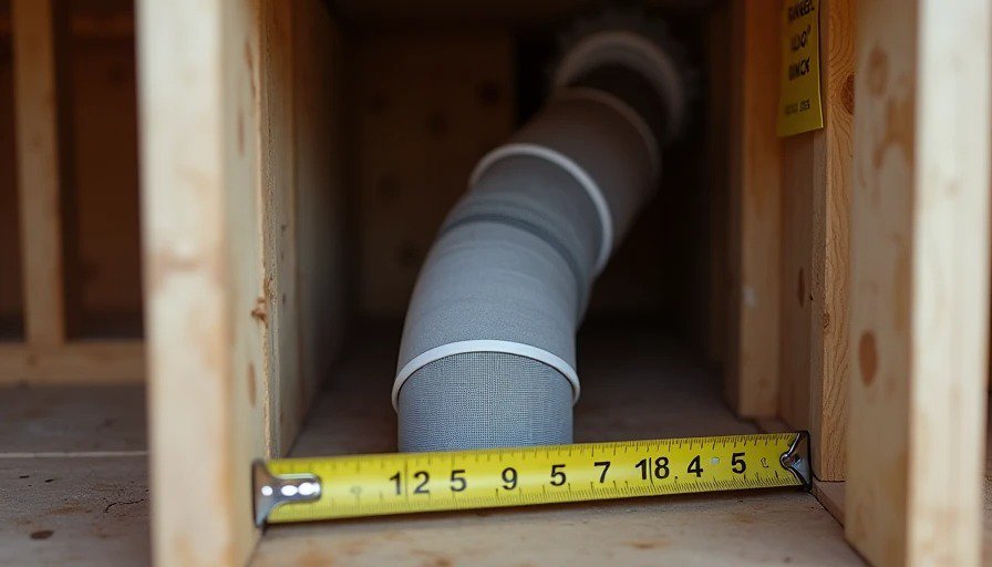 Macro close‑up of open ceiling chase – 8″ HVAC duct installed through range hood chase, tape measure showing dimensions
