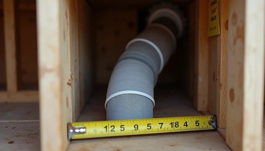 Macro close‑up of open ceiling chase – 8″ HVAC duct installed through range hood chase, tape measure showing dimensions Realistic macro close‑up of an open ceiling chase. An 8‑inch round HVAC duct runs horizontally through the center of a framed vertical chase. A label reads “HVAC duct – installed in range hood exhaust chase – 18 inches off plan.”