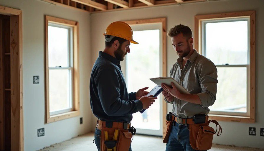 Realistic photo of a renovation site. Two trim carpenters in tool belts stand in a partially finished room, looking at empty window openings. One holds a casing board, the other checks a clipboard. 