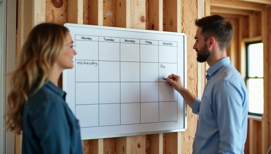  Realistic photo of a renovation site. A large whiteboard with a weekly grid is mounted on a wall. A homeowner stands next to it, pointing at a blank cell for Wednesday. 