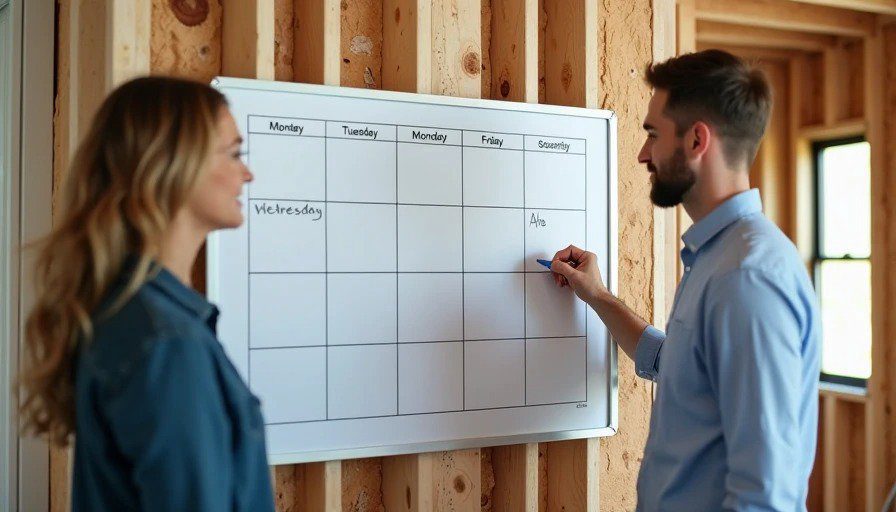  Realistic photo of a renovation site. A large whiteboard with a weekly grid is mounted on a wall. A homeowner stands next to it, pointing at a blank cell for Wednesday. 