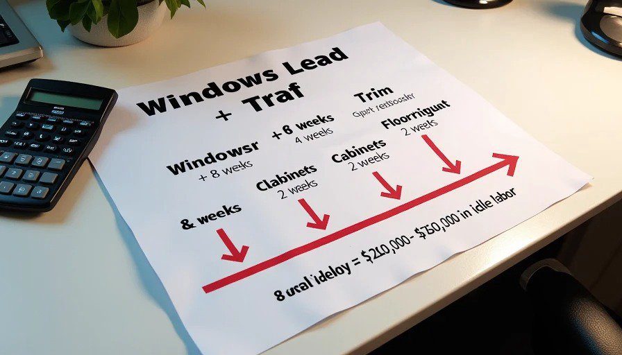 Clean educational flat‑lay on a white desk. A printed timeline chart shows the domino effect: “Windows delayed +8 weeks → Trim rebooked +6 weeks → Flooring +2 weeks → Cabinets +2 weeks → Countertops +2 weeks → Total delay: 8 weeks.” Red arrows connect each step. 
