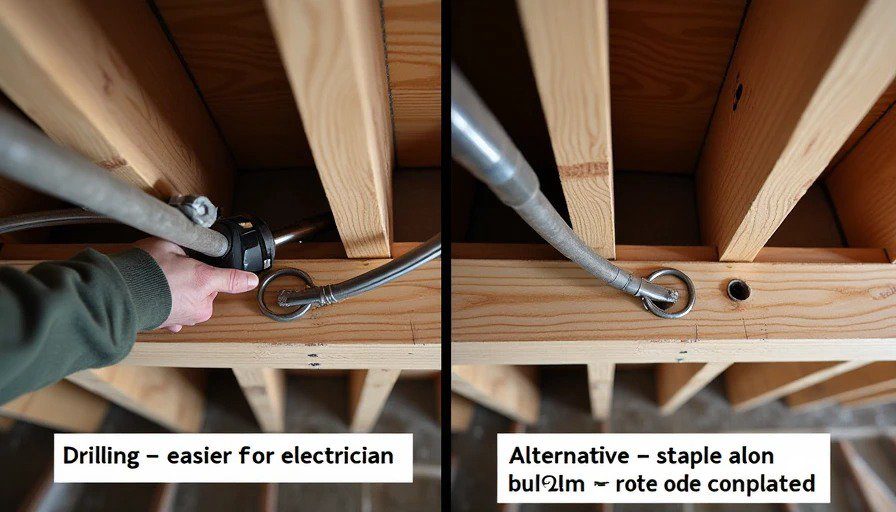 Split‑scene realistic photo from a basement ceiling. Left: electrician drilling a hole through a floor joist, pulling wires through – labeled “Drilling – easier for electrician – weakens joist.” Right: the same joist with a wire stapled along the bottom edge, neatly secured, no holes – labeled “Alternative – staple along bottom – no structural damage – code‑compliant.” 
