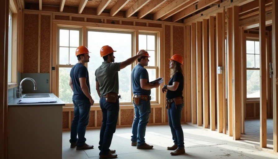 GC, HVAC foreman, plumber, and homeowner standing in framed kitchen pointing at ceiling chase – rough‑in coordination Realistic photo of a renovation site with multiple trades. A GC, HVAC foreman, plumber, and homeowner stand in a rough‑framed kitchen, looking up at a ceiling chase. One person points at the chase where the conflict occurred. Blueprints are spread on a sawhorse.