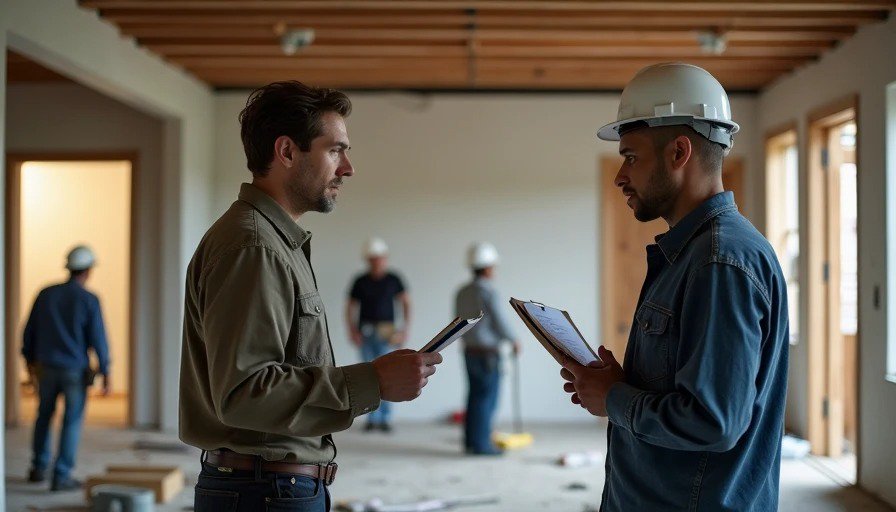 Commercial PM friend gesturing at job site, homeowner surprised – “You’re doing his job – and paying him for it Realistic photo of a renovation site. A friend stands beside the homeowner, gesturing toward a cluttered job site with trades working. The friend has a knowing, critical expression. The homeowner looks surprised and defensive.