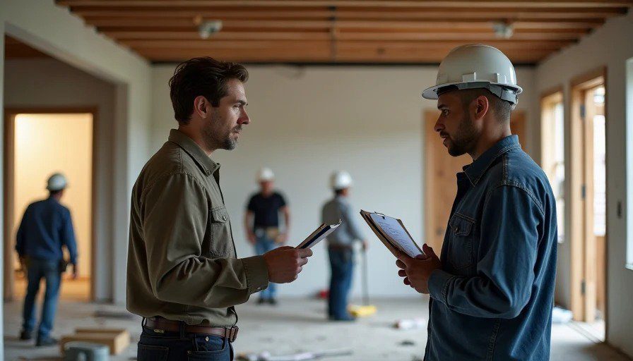 Commercial PM friend gesturing at job site, homeowner surprised – “You’re doing his job – and paying him for it Realistic photo of a renovation site. A friend stands beside the homeowner, gesturing toward a cluttered job site with trades working. The friend has a knowing, critical expression. The homeowner looks surprised and defensive.