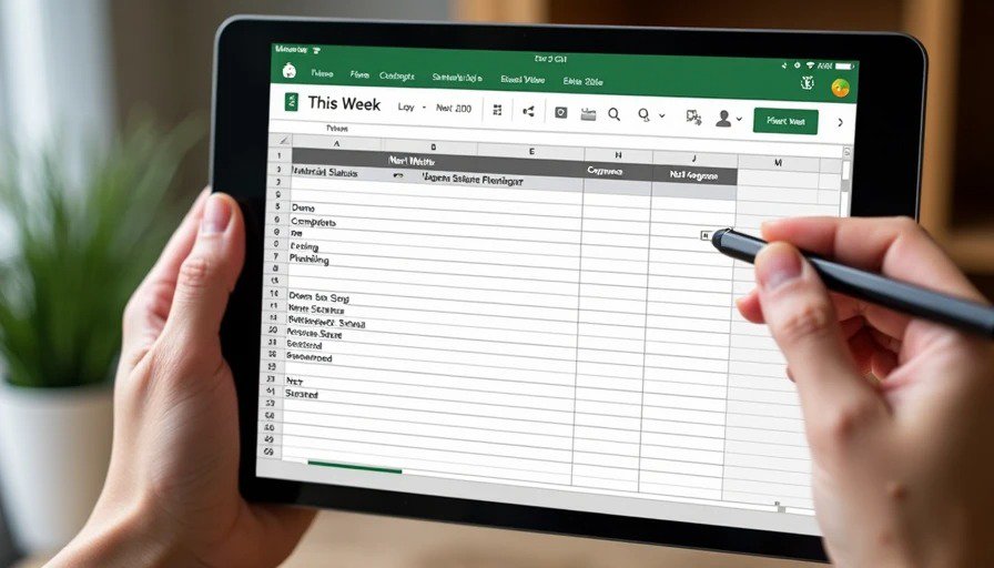 Tablet screen showing Google Sheets with four tabs and status table – trades, status, complete/in progress