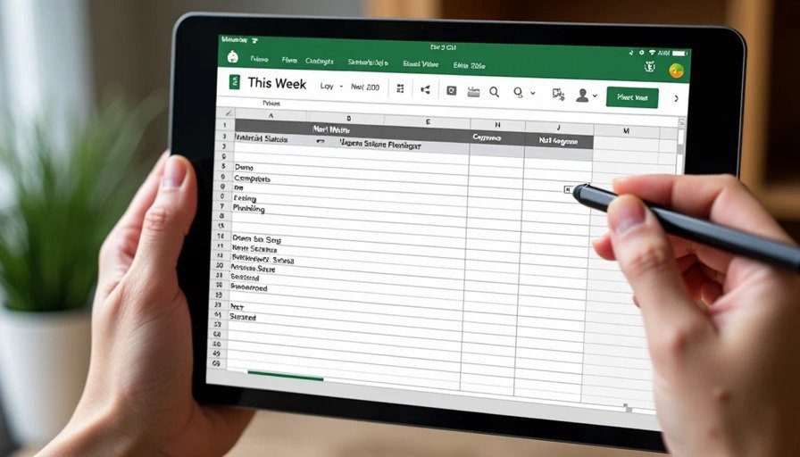 Tablet screen showing Google Sheets with four tabs and status table – trades, status, complete/in progress Realistic close‑up of a tablet screen showing a Google Sheets document. Four tabs at the bottom: “This Week,” “Next Week,” “Materials Status,” and “Issues.” The “This Week” tab shows trades and statuses (Complete, In Progress, Not Started).