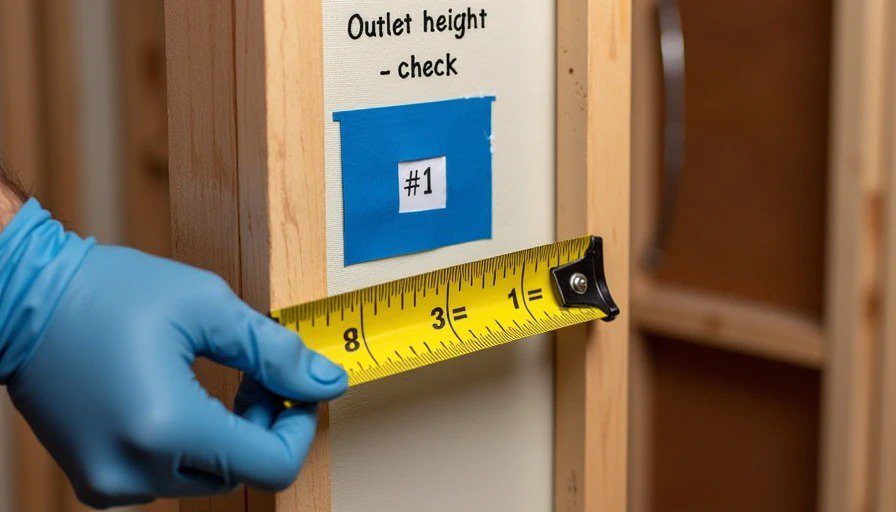 Gloved hand holding tape measure at outlet box Realistic close‑up of a gloved hand holding a tape measure against an open wall stud, measuring the height of an electrical outlet box. The tape measure reads 18 inches.