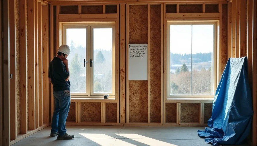 Construction site with rough‑framed empty window openings, GC looking frustrated – windows due June 2, project stalling Realistic photo of a renovation site with rough‑framed window openings. Framing is complete, but the openings are empty – no window units, just a view of the exterior. A general contractor stands nearby, looking at the empty openings with a frustrated expression, holding a phone.