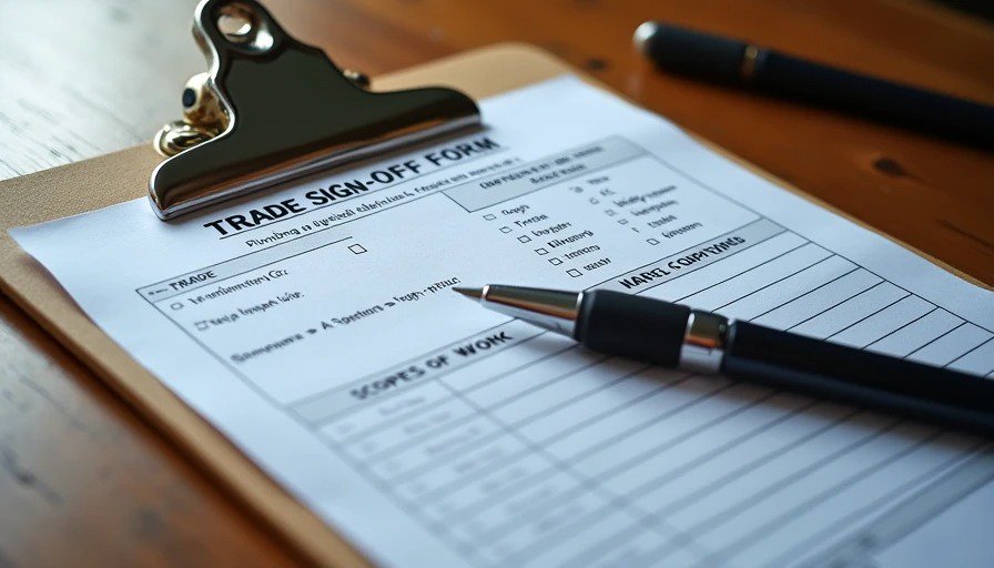  Realistic macro close‑up of a printed one‑page form on a wooden clipboard. The form is titled “TRADE SIGN‑OFF FORM.” Below are checkboxes for scopes of work, a completion checklist, and signature lines for Trade, GC, and Homeowner.