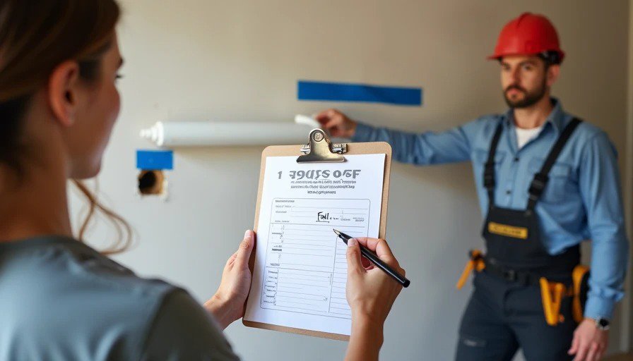 Realistic photo of a renovation site. A homeowner holds a clipboard with the sign‑off form, pointing at a plumbing pipe sloped incorrectly. The homeowner marks “Fail” on the form. The trade worker stands nearby, looking sheepish. 