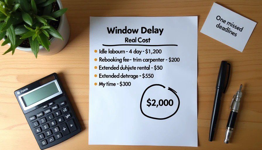 Flat‑lay of printed cost breakdown – idle labour $1,200, rebooking fee $200, extended rental $150, storage $150, my time $300 – total $2,000 Clean realistic flat‑lay on a wooden desk. A printed list titled "Window Delay – Real Cost" shows line items: "Idle labour – 4 days – $1,200," "Rebooking fee – trim carpenter – $200," "Extended dumpster rental – $150," "Extra storage – $150," "My time – $300," and a circled total of "$2,000."