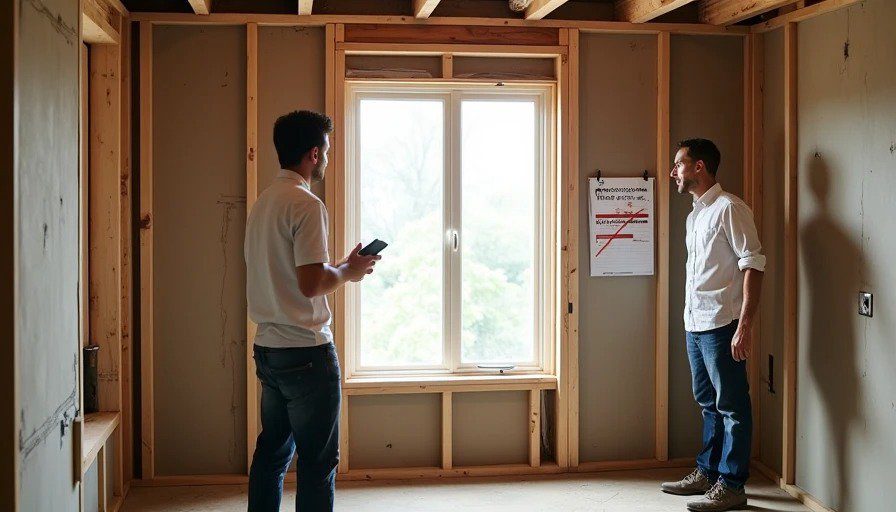 Rough‑framed empty window opening with tarp – contractor frustrated – windows ordered at demo, 10‑week lead time Realistic photo of a renovation site with a rough‑framed window opening. The opening is empty – no window unit, just a tarp.