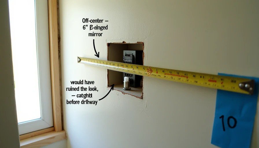 Open wall with electrical box 6 inches off‑center from mirror location – caught before drywall