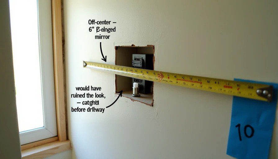 Open wall with electrical box 6 inches off‑center from mirror location – caught before drywall Realistic close‑up of an open wall with an electrical box for a vanity light. A tape measure shows a 6‑inch offset from the center of the planned mirror location. A label reads “Off‑center – 6″ – would have ruined the look – caught before drywall.
