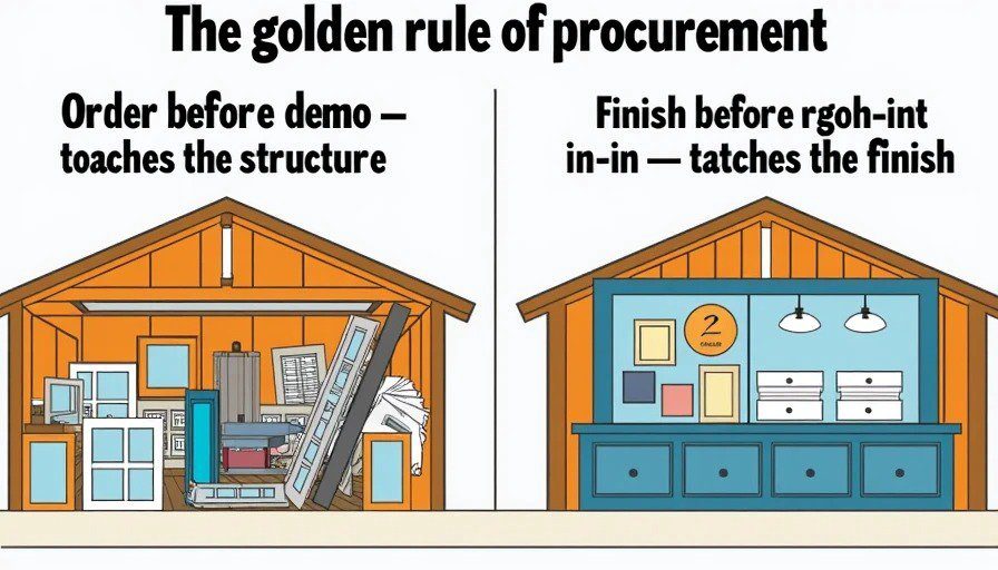 Split illustration – structural items (windows, beams) ordered before demo vs. finish items (tile, cabinets) ordered before rough‑in Clean educational split‑scene illustration. Left: structural items – windows, doors, steel beams, framing lumber – stacked in a garage, labeled “Order before demo – touches the structure.”