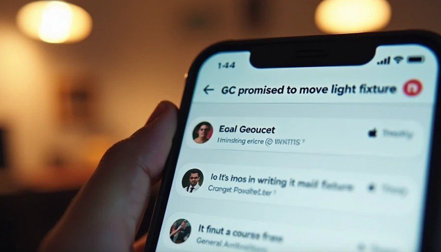 Smartphone showing email thread and screenshot of text – every change documented, screenshotted, and filed Realistic close‑up of a smartphone showing an email thread titled “GC promised to move light fixture.” The screen shows a sent email with the request, but the GC’s reply is missing. A screenshot of a text message with the same request is pinned next to it.