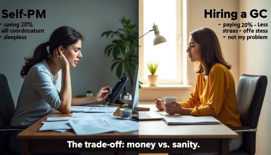 Split comparison – stressed self‑PM at messy desk vs. calm homeowner with GC managing – money vs. sanity trade‑off Split‑scene realistic photo. Left: homeowner at messy desk with spreadsheets and phone, stressed – labeled “Self‑PM – saving 20% – doing all the coordination – sleepless.” Right: homeowner sitting calmly at clean desk, sipping coffee,