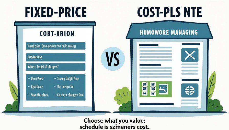 Split illustration – fixed‑price with exclusions vs. cost‑plus NTE with cost breakdown – choose schedule or cost Clean educational split‑scene illustration. Left: fixed‑price contract with final price and exclusions – labeled “Fixed‑price – GC profits from saving – homeowner pays for changes.” Right: cost‑plus contract with budget cap, cost breakdown, and management fee – labeled “Cost‑plus NTE – GC profits from managing – homeowner has cost certainty.”
