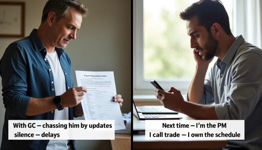 Split comparison – homeowner chasing GC for updates vs. homeowner calling trades directly – who cares most? I do. Split‑scene realistic photo. Left: homeowner handing a printed schedule template to a distracted GC – labeled “With GC – chasing him for updates – silence – delays.” Right: the same homeowner at a desk, holding a smartphone and a printed checklist, making calls to trades – labeled “Next time – I’m the PM – I call the trades – I own the schedule.” A label reads “Who cares most?