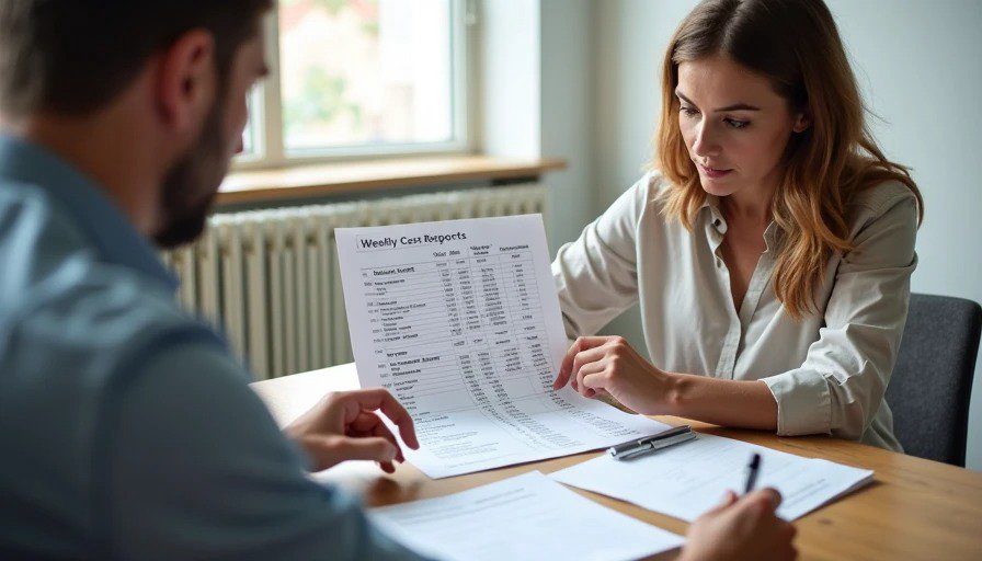 Homeowner and GC reviewing weekly cost report together – labour, materials, permits – total transparency Realistic photo of a renovation site office or kitchen table. A homeowner and a general contractor sit opposite each other, reviewing a printed weekly cost report. The report shows line items for labour, materials, permits, and a running total against the budget. The contractor is explaining a cost item, and the homeowner looks attentive and calm.