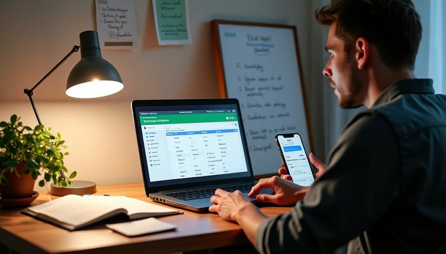 Homeowner at laptop looking confused at professional PM app – over‑engineered for a single bathroom renovation Realistic photo of a homeowner at a laptop, looking at a professional project management app (Procore style) with a complex dashboard. The homeowner looks confused and slightly annoyed. A label reads “Specialised apps – expensive, over‑engineered, designed for commercial projects – not for a single bathroom.”
