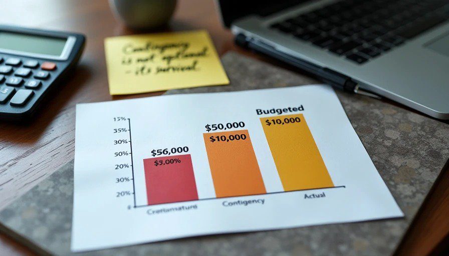 Printed chart showing budgeted $15,000, actual $19,000, red bar +30% – contingency is not optional Clean educational flat‑lay on a desk. A printed chart shows three stacked bars: “Budgeted: $15,000,” “Actual: $19,000,” and a red bar labeled “Contingency: +30%.” A sticky note reads “Contingency is not optional – it’s survival.” A calculator, pen, and a sample tile sit nearby. Soft office lighting.