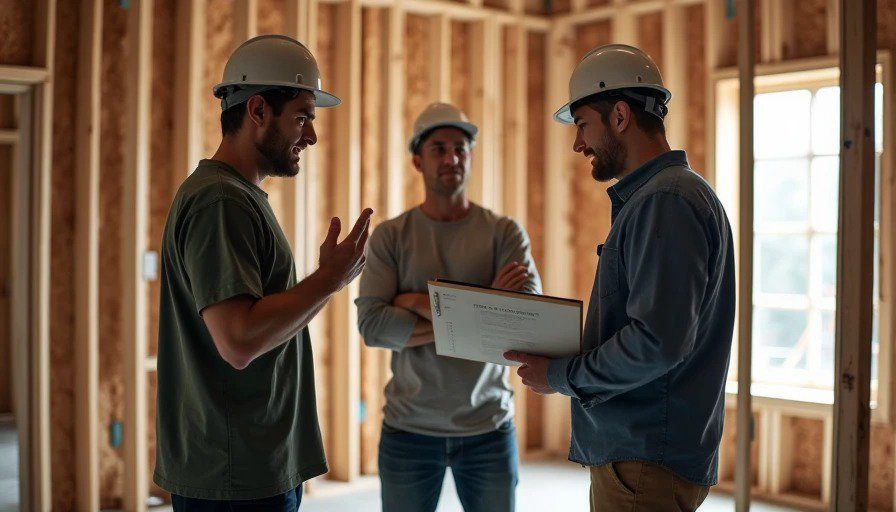 Plumber and electrician arguing, homeowner with clipboard standing between them – classic trade coordination conflict Realistic photo of a renovation site with exposed studs. A plumber and an electrician face each other, arguing, with a homeowner standing between them, holding a clipboard and looking exhausted.