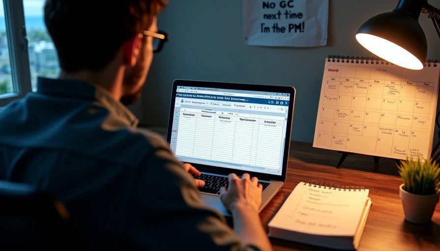 Homeowner at laptop with spreadsheet “Next Reno – Lessons from the Veterans” – determined, no GC next time Realistic photo of a home office at night. A homeowner sits at a laptop, looking focused and determined. The screen shows a spreadsheet titled “Next Reno – Lessons from the Veterans” with columns for “Trade,” “Contact,” “Lead Time,” and “Notes.”